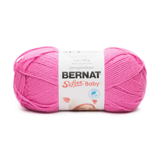 Pink skein of Bernat Softee Baby yarn on a white background
