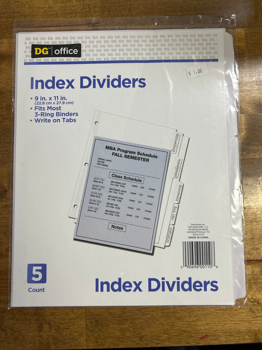 Packaged index dividers with DG Office branding on a wooden surface