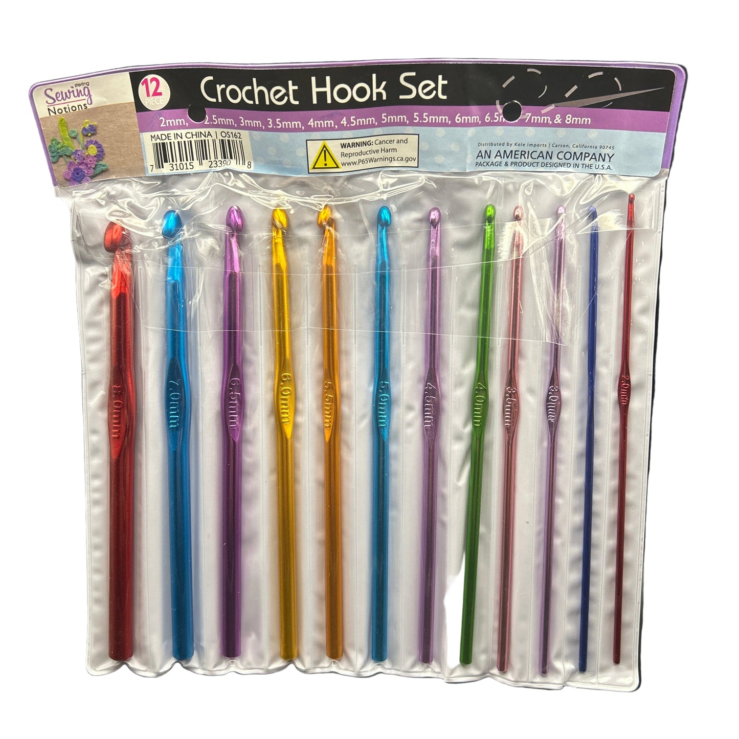 Packaged crochet hook set with various colors on a white background