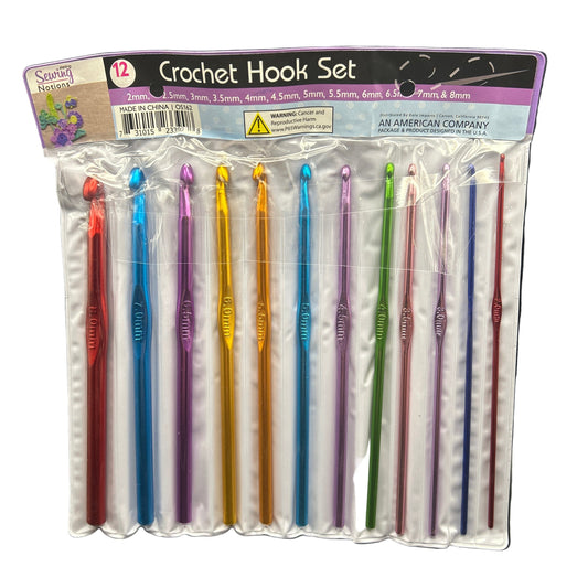 Packaged crochet hook set with various colors on a white background