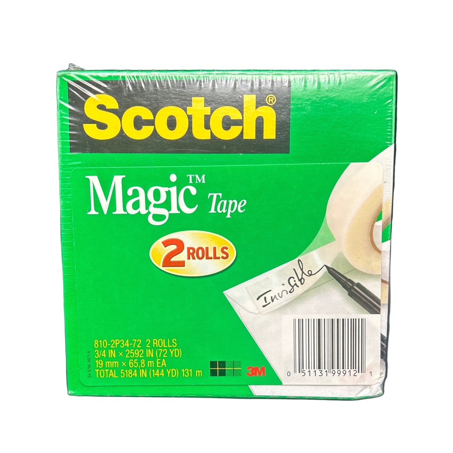 Box of Scotch Magic Tape with two rolls on a white background