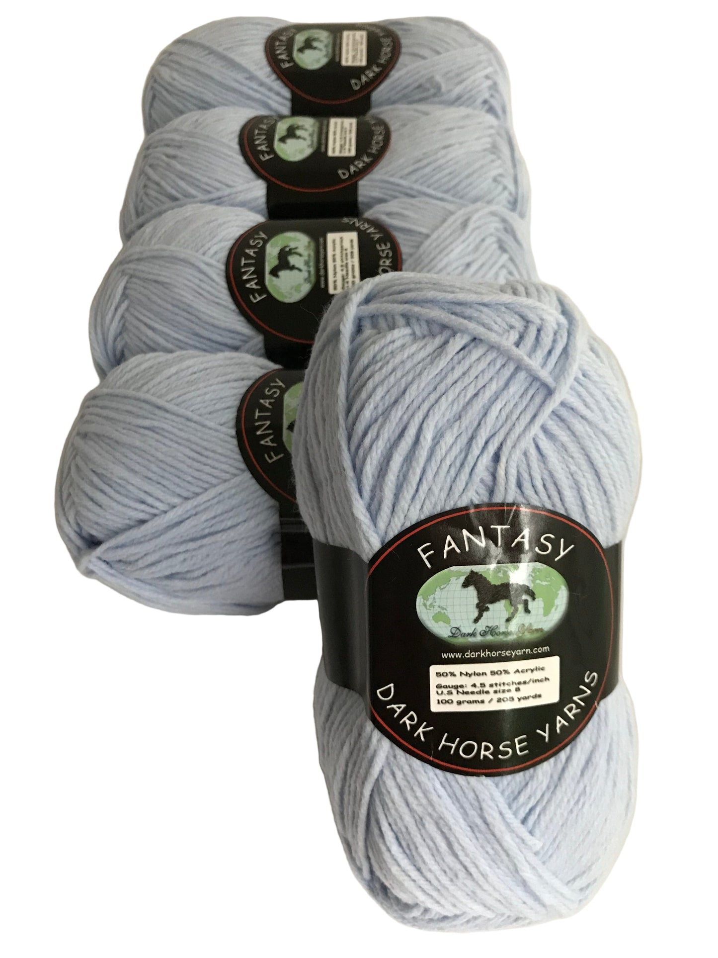 Three skeins of light blue yarn with 'Fantasy' labels on a white background