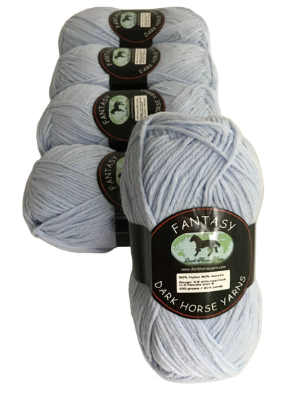 Three skeins of light blue yarn with 'Fantasy' labels on a white background