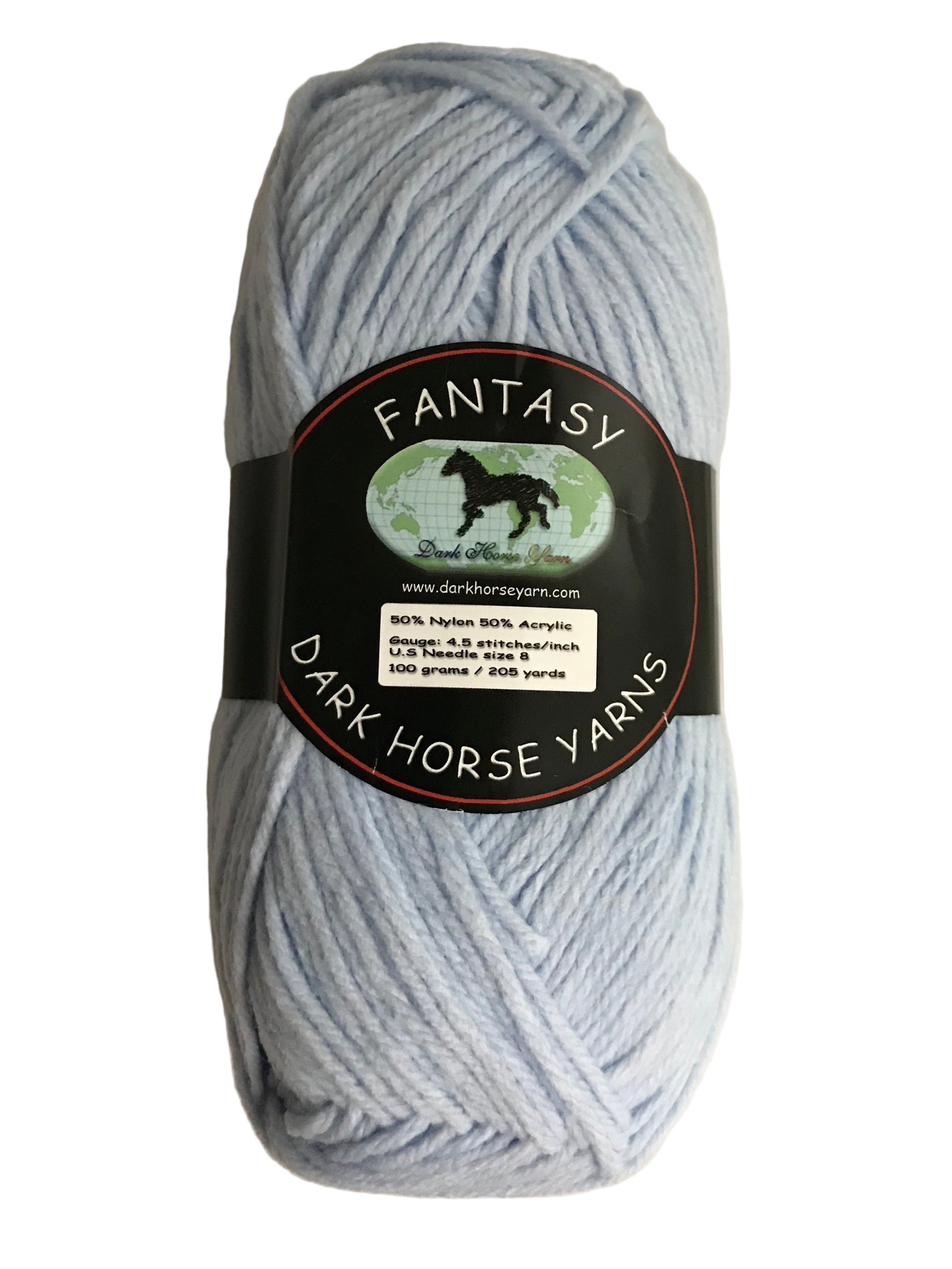 Ball of yarn with a label from Dark Horse Yarns on a white background