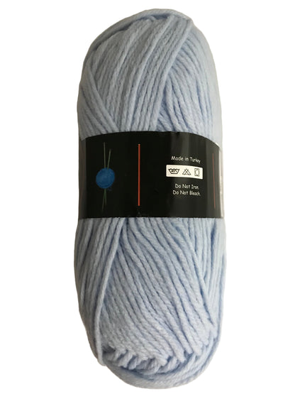 Light blue skein of yarn with a black label on a white background