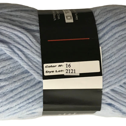 Light blue skein of yarn with a label on a white background