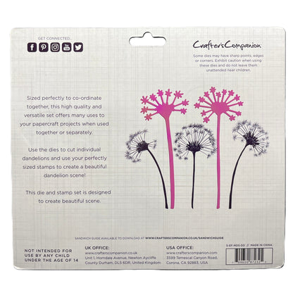 Crafter's Companion die and stamp set packaging with pink dandelion designs on a white background.