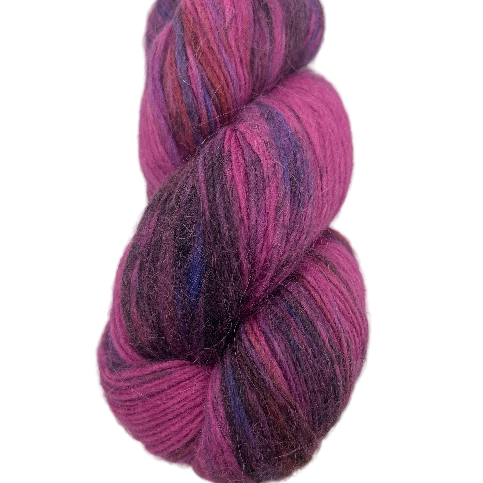 Skein of pink and purple yarn on a white background