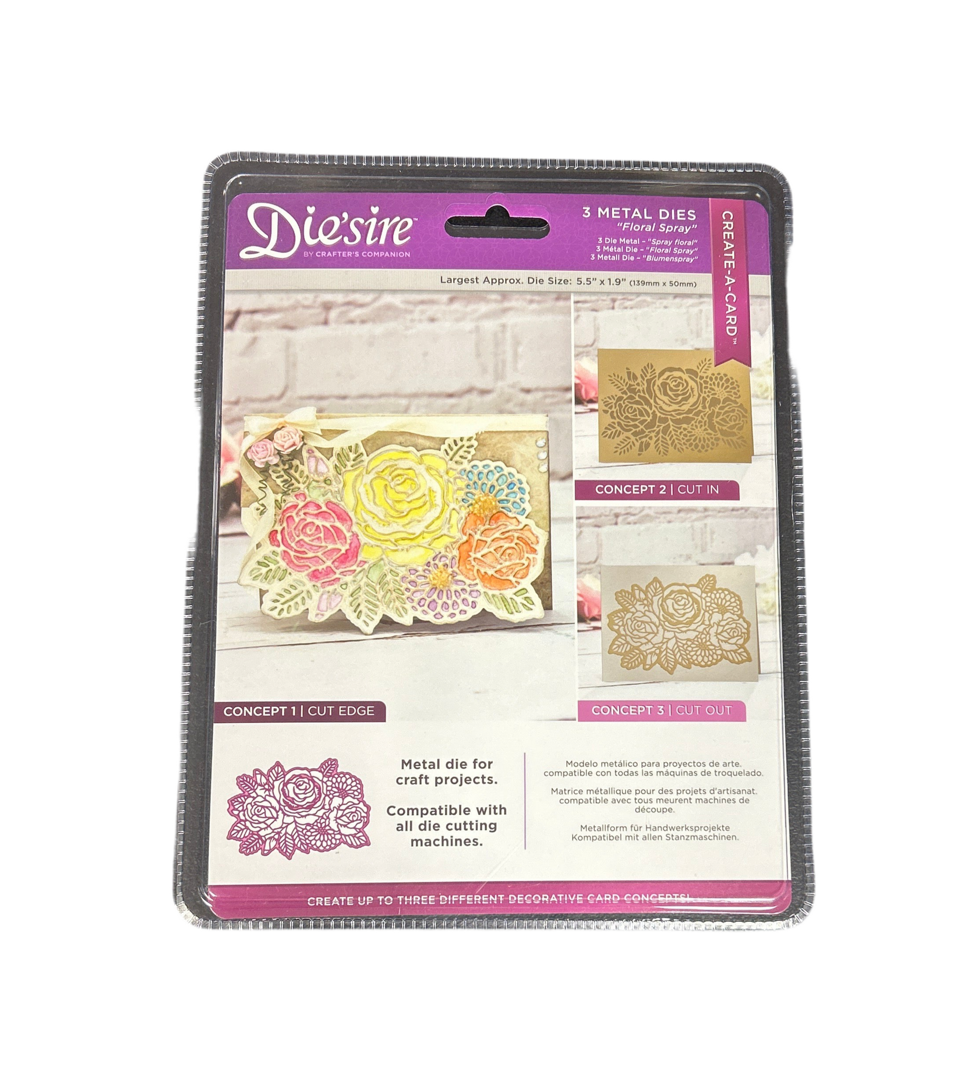 Package of Die'sire metal dies with floral designs on a white background