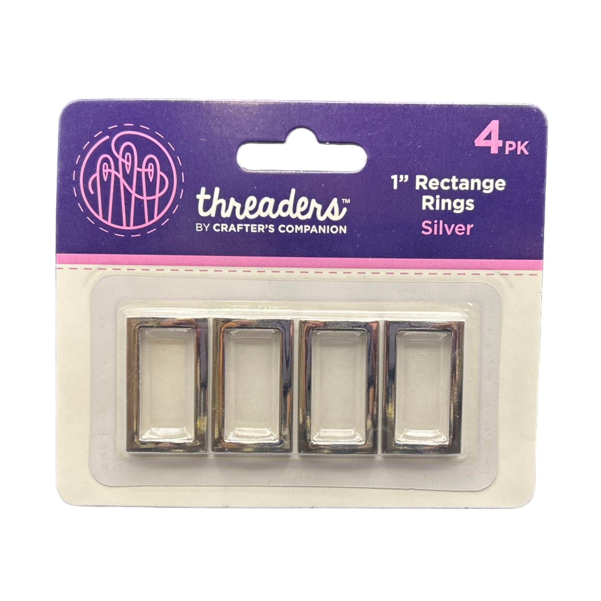 Pack of silver rectangle rings with 'threaders' packaging on a dark background
