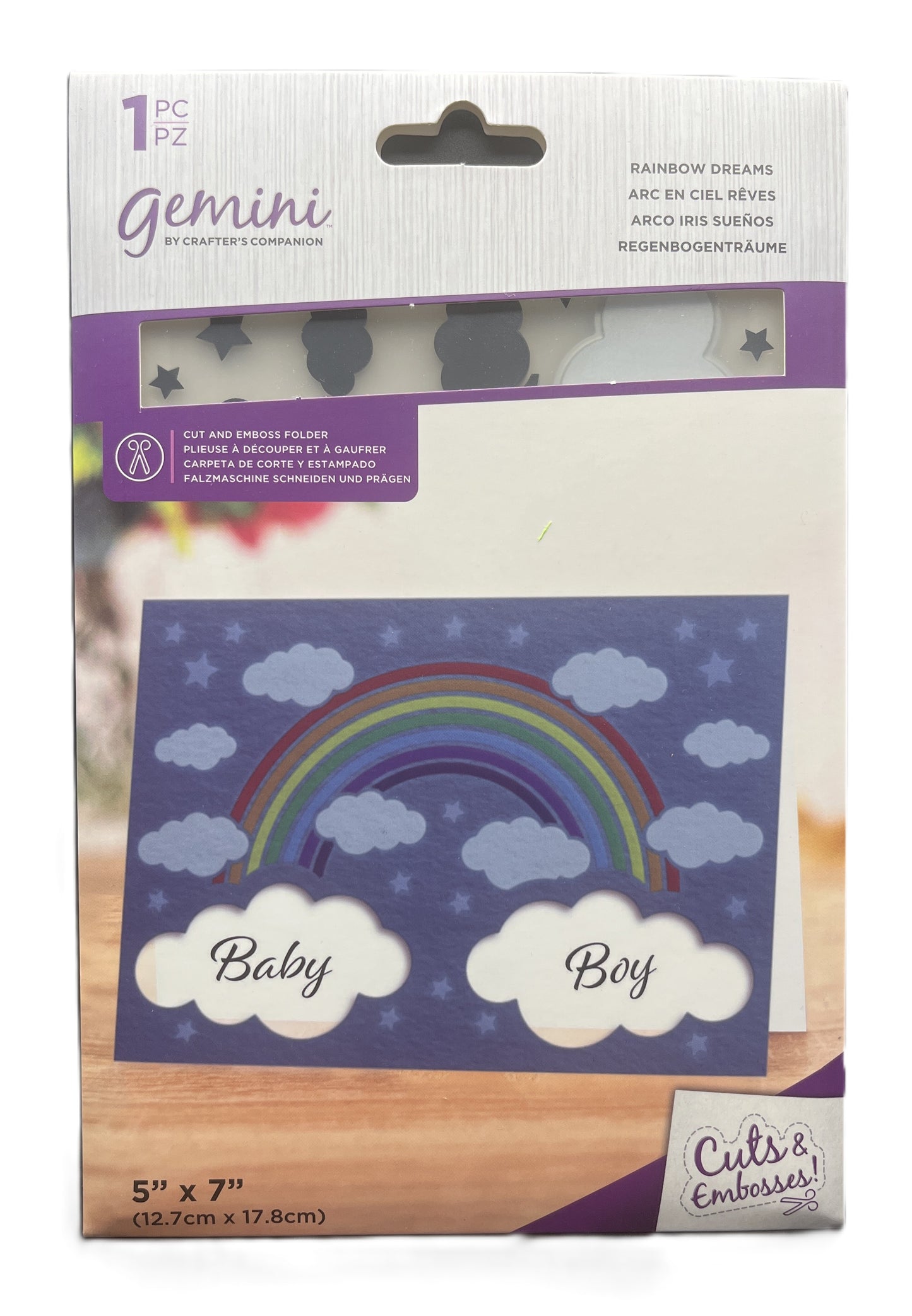 Packaging of Gemini cut and emboss folder with rainbow design and text 'Baby Boy'.