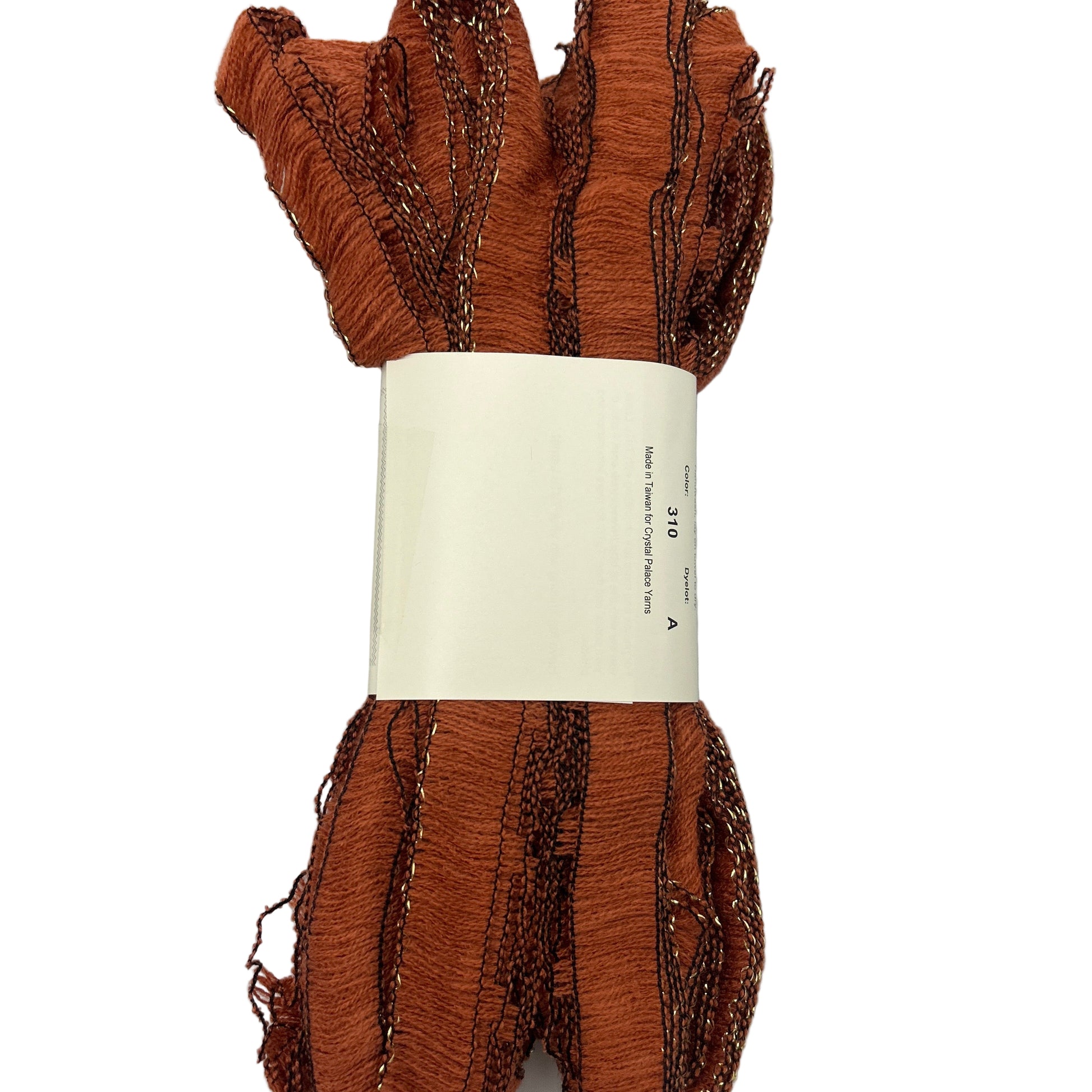 Brown yarn skein with a label on a white background