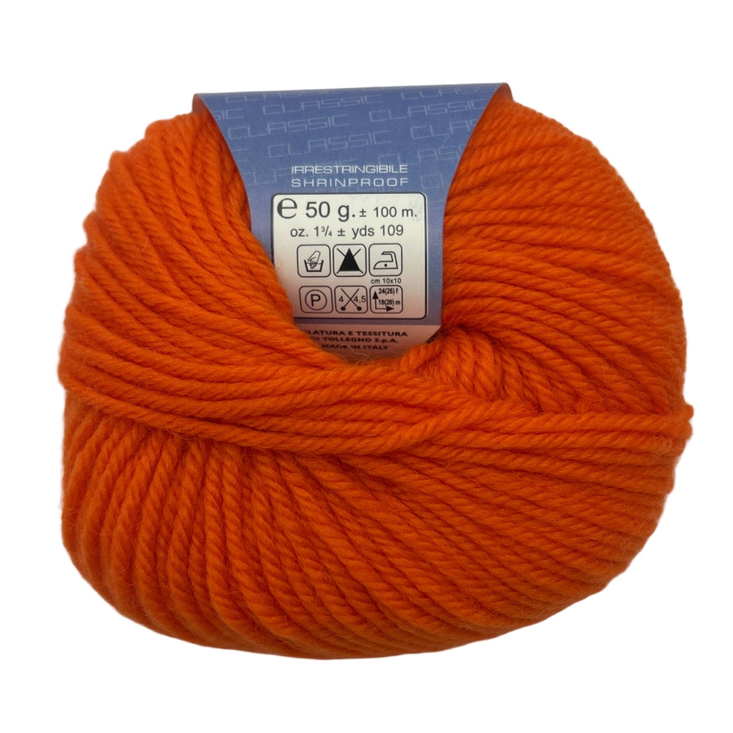 Orange ball of yarn with a label on a white background