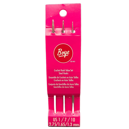 Pack of Boye crochet hook set with pink packaging on a white background