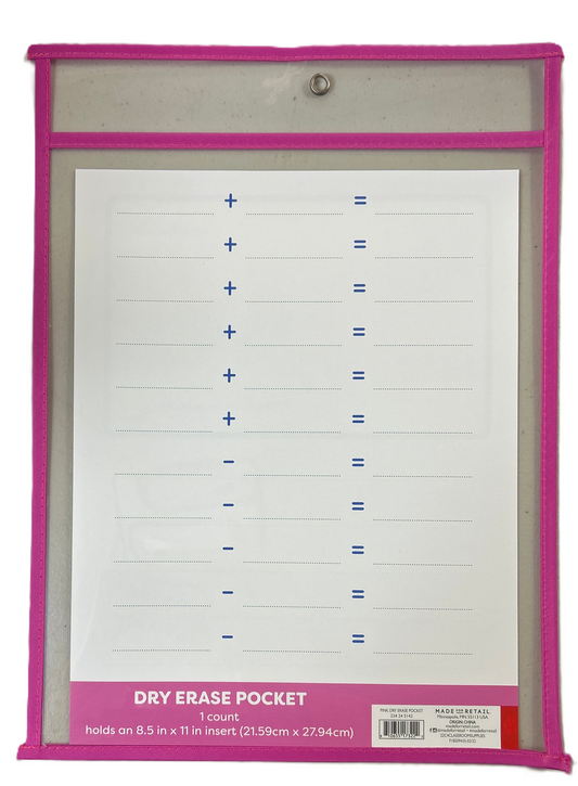Dry erase pocket with pink border on a white background