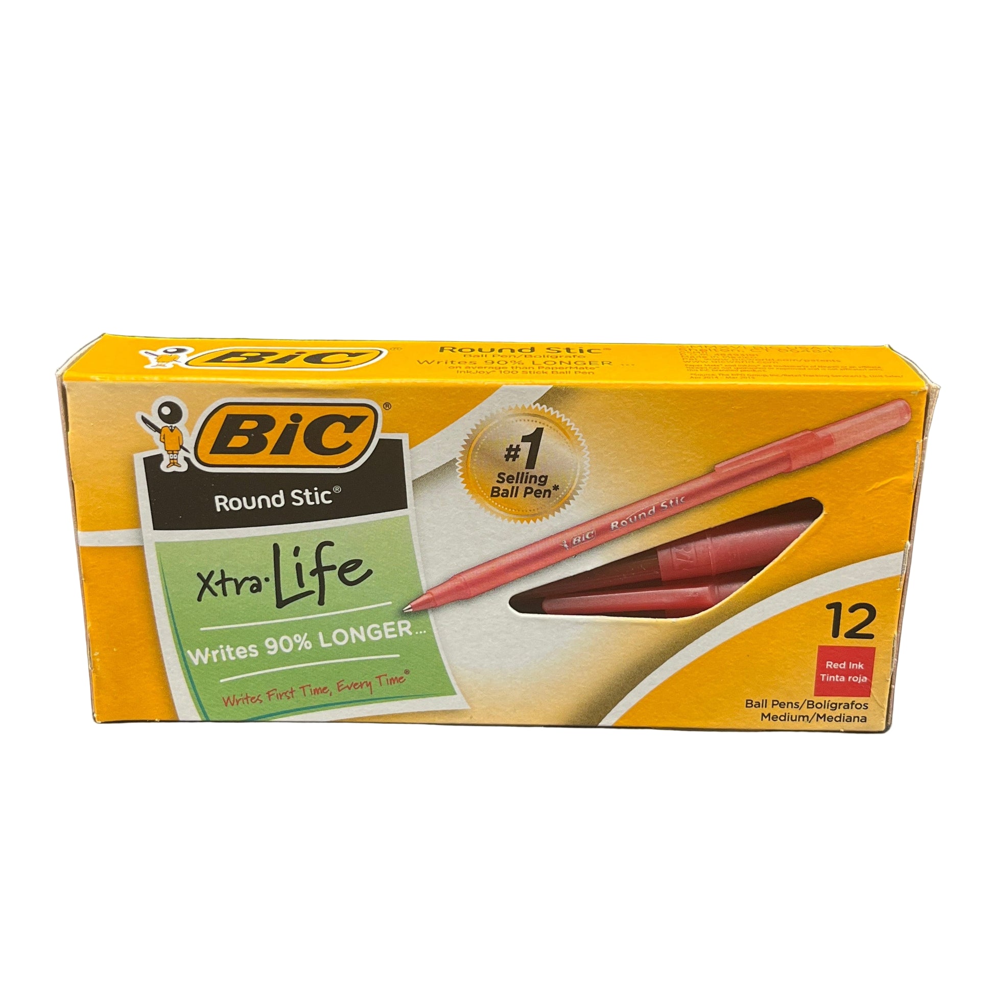 Box of BIC Round Stic ball pens on a dark background