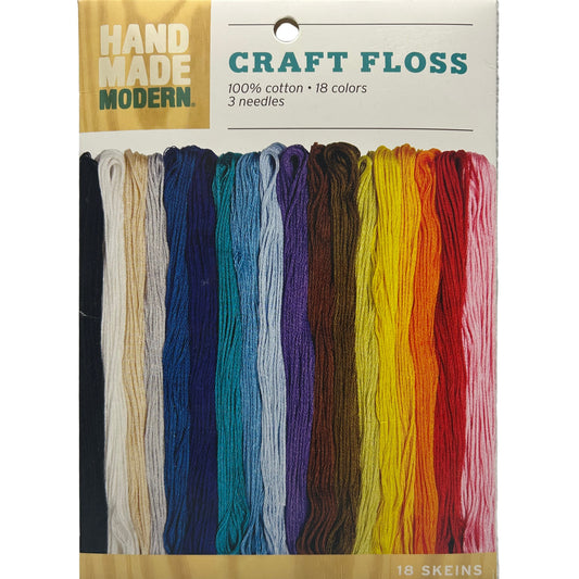 Packaged craft floss with colorful skeins on a white background