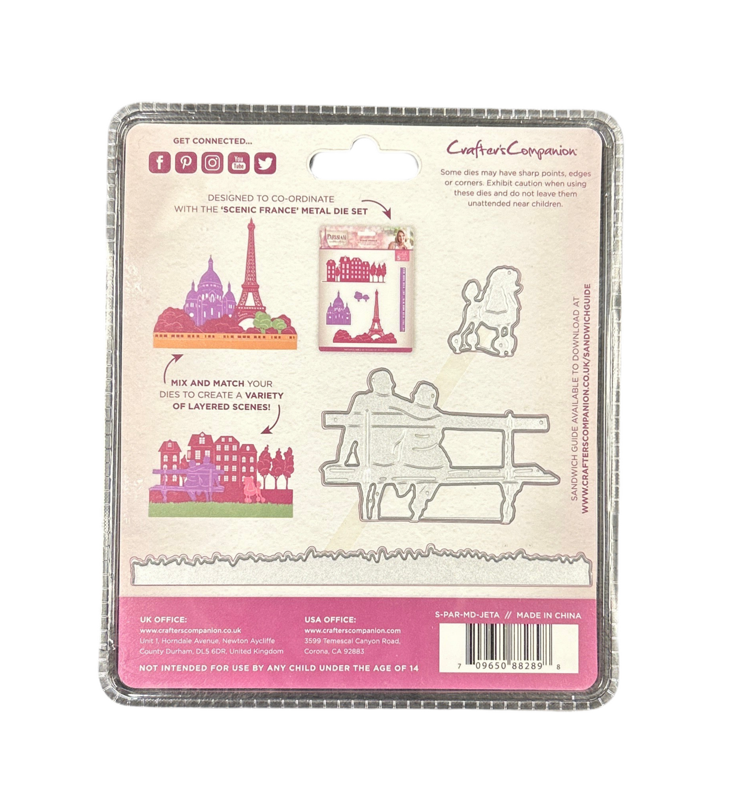 Packaged metal die set with scenic France design on a white background