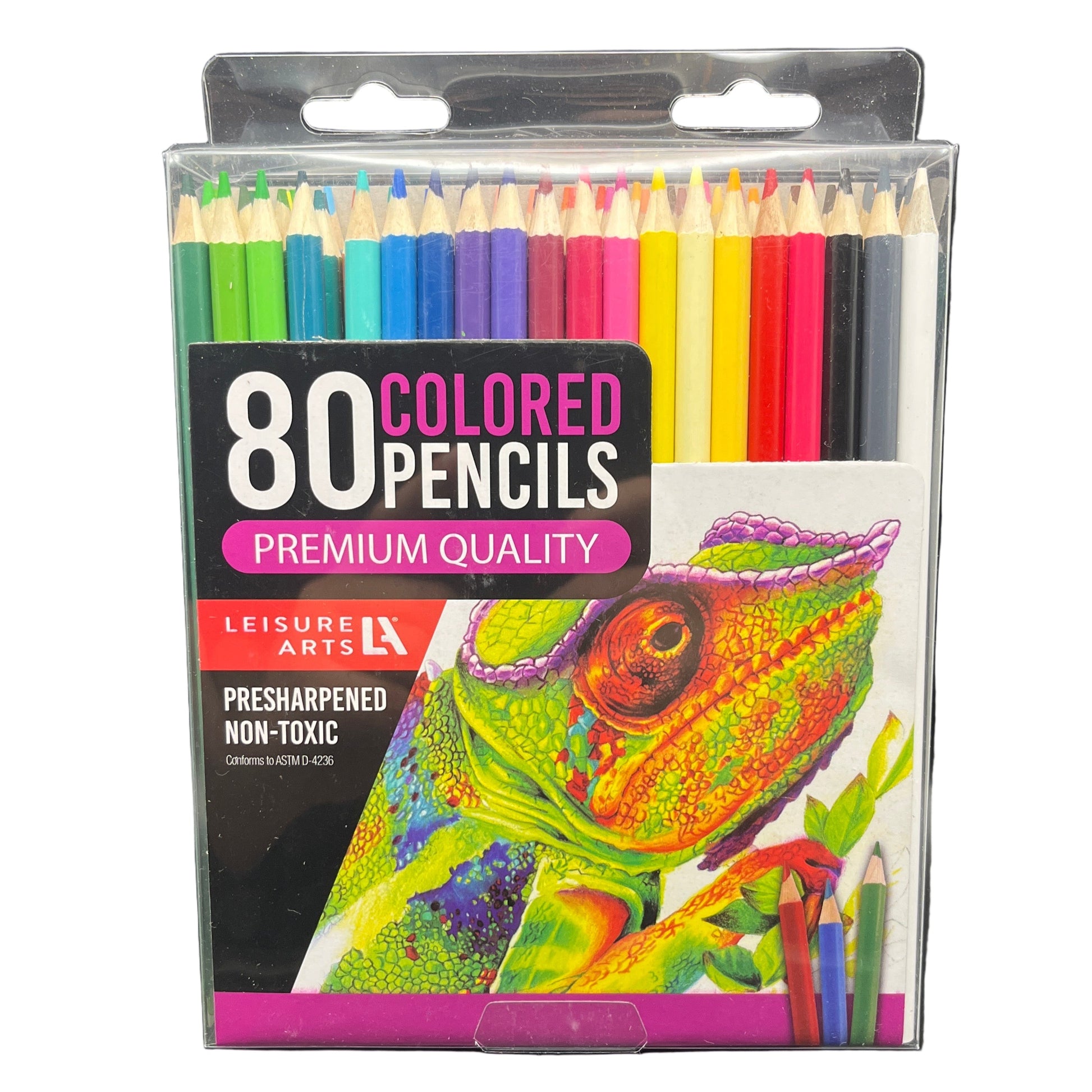 Pack of 80 colored pencils with a colorful chameleon illustration on the packaging.
