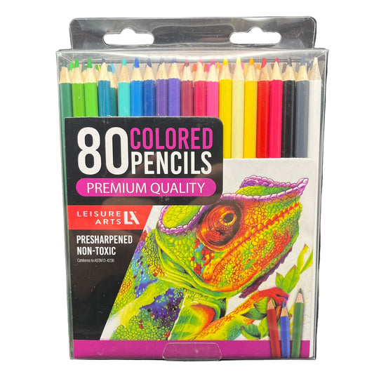 Pack of 80 colored pencils with a colorful chameleon illustration on the packaging.