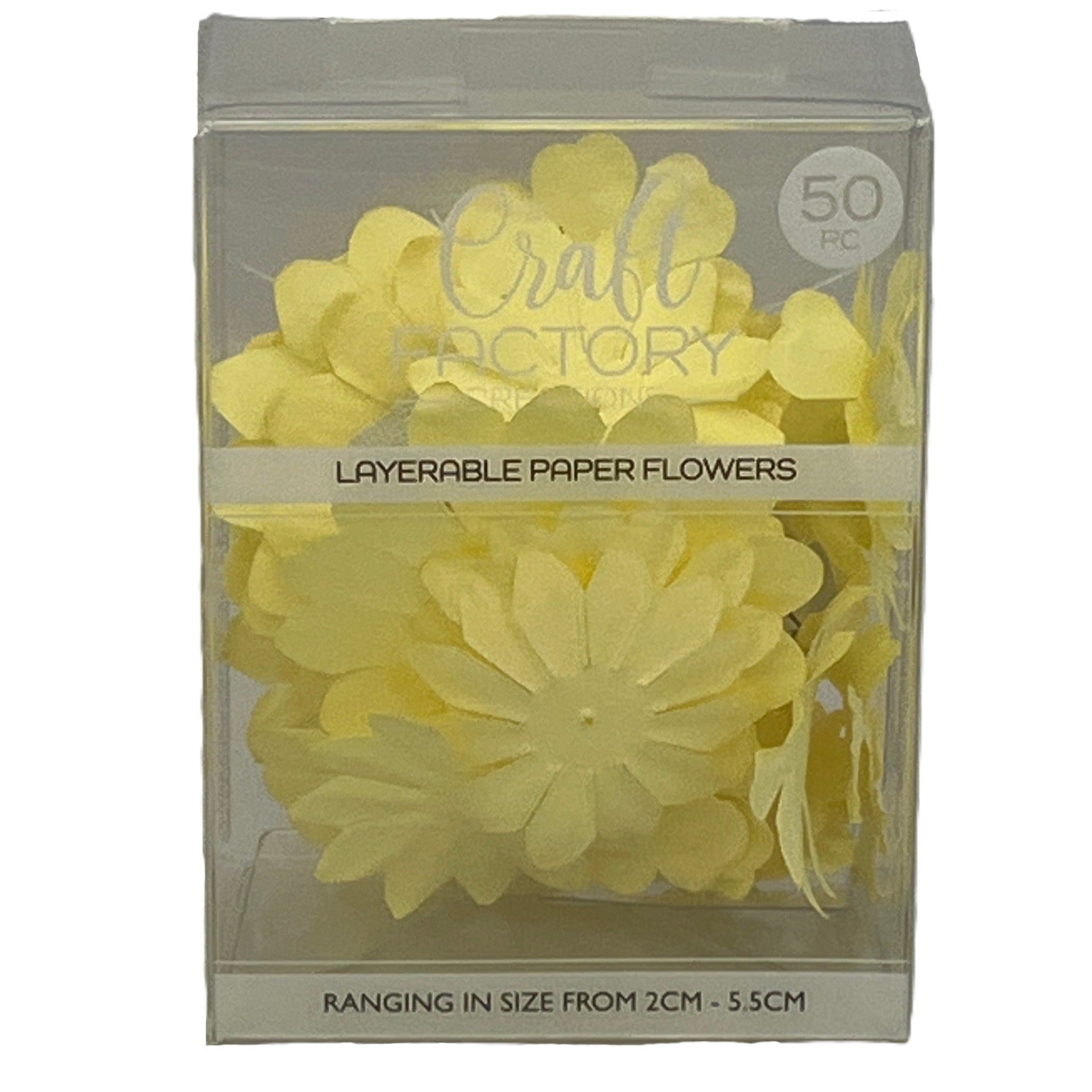 Packaged yellow layerable paper flowers with 'Craft Factory' branding.