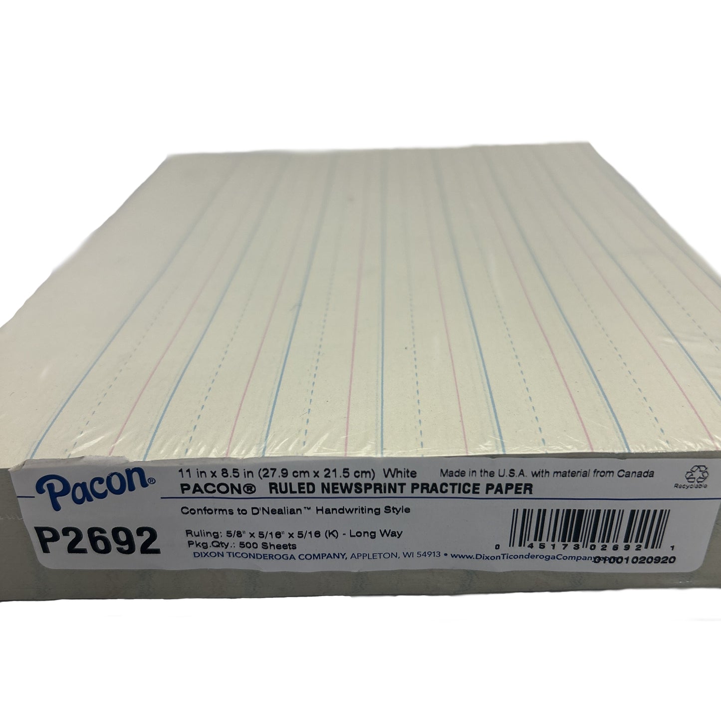 Paccon ruled newsprint practice paper with a label on a white background
