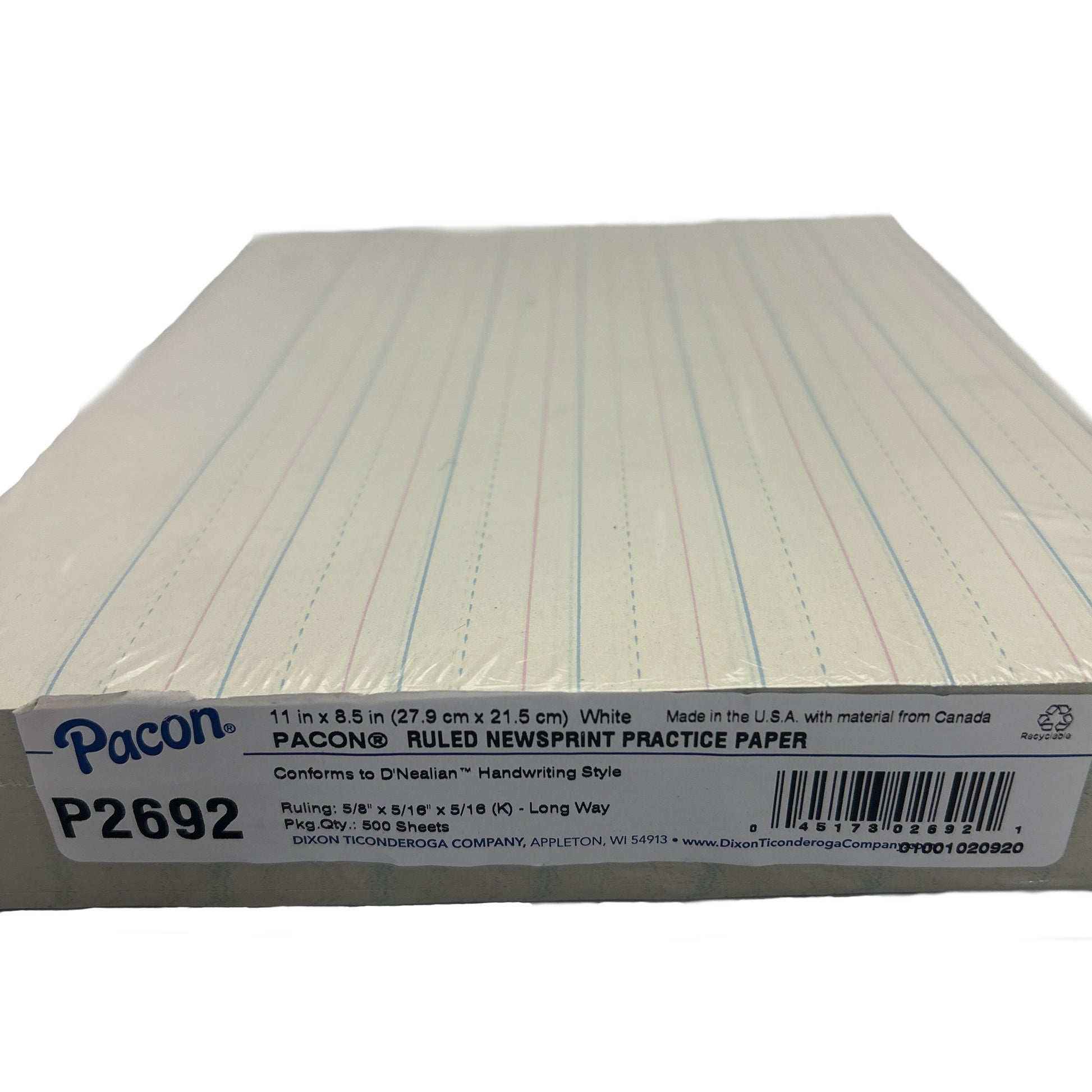Paccon ruled newsprint practice paper with a label on a white background
