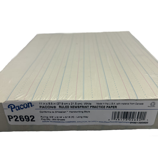 Paccon ruled newsprint practice paper with a label on a white background