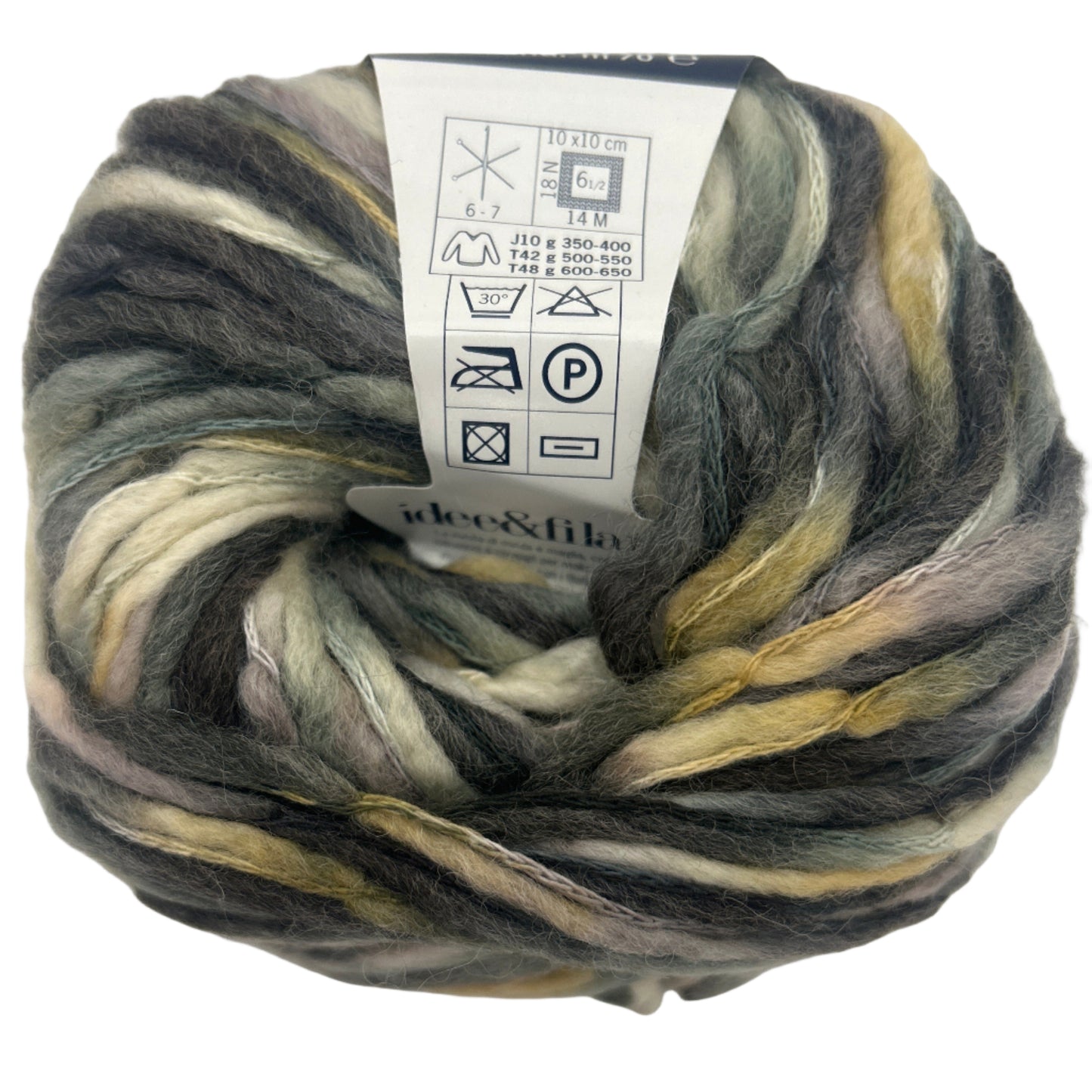Multicolored skein of yarn with a label on a white background