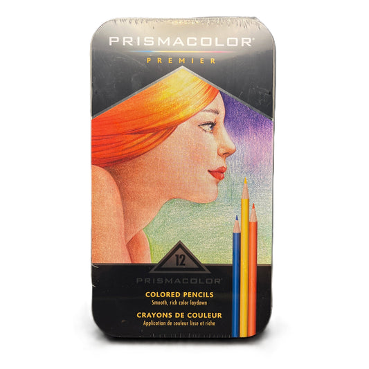 Prismacolor colored pencils packaging with a stylized illustration of a woman's profile on a white background.