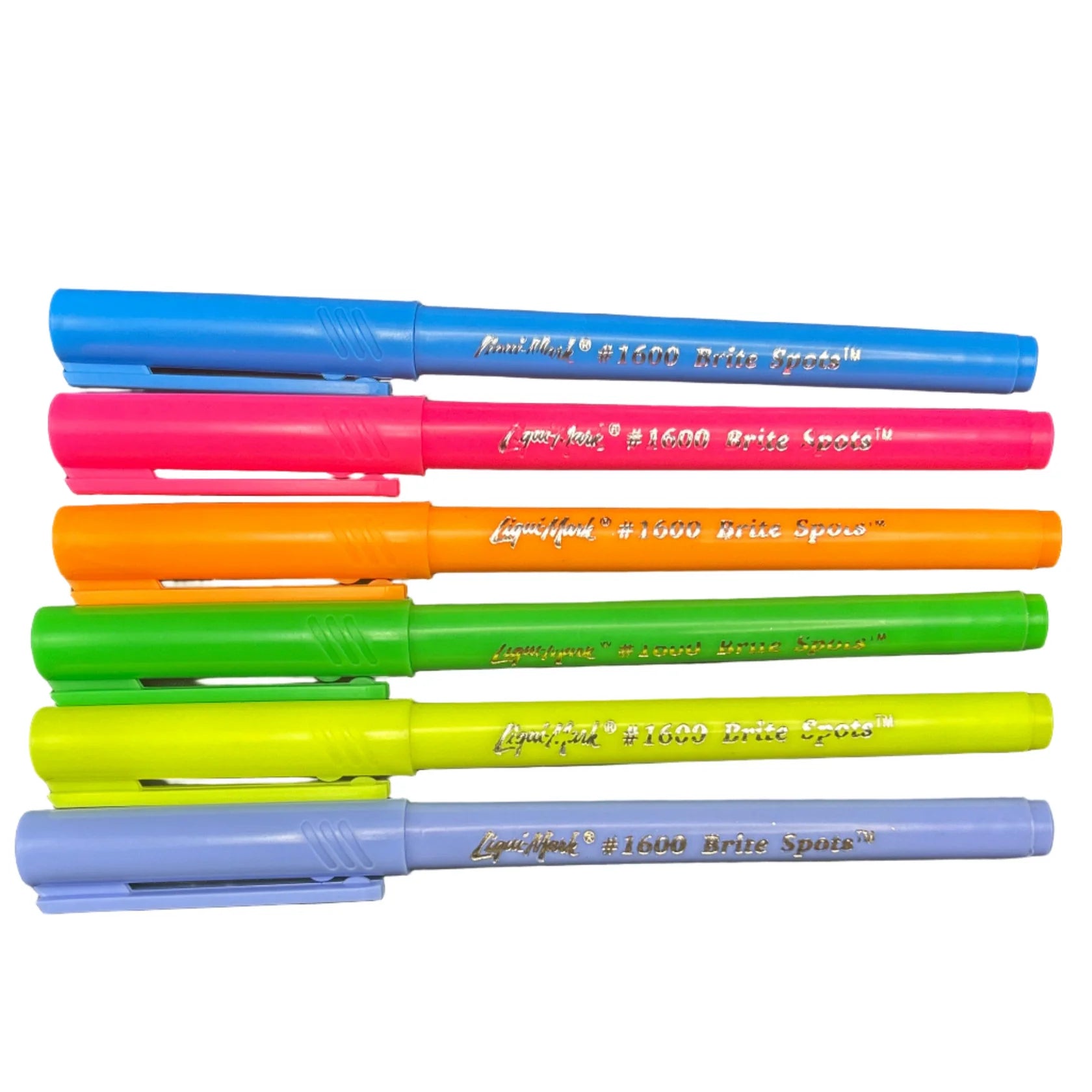 Set of six colorful markers on a white background