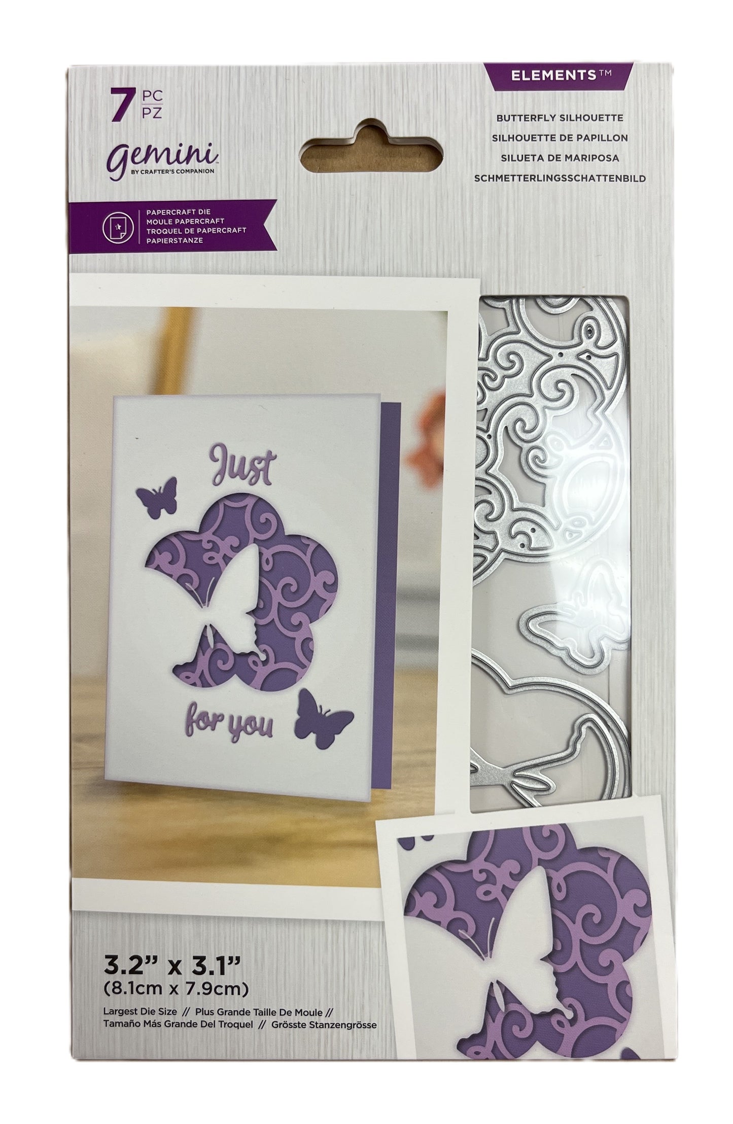Packaging of Gemini butterfly silhouette stamps with a decorative card and butterfly design.