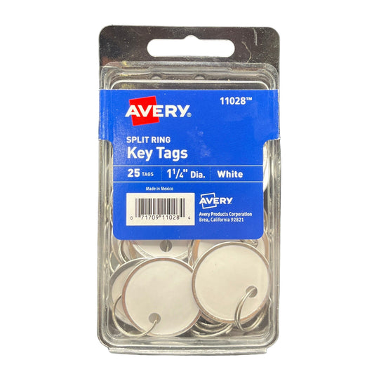Pack of Avery split ring key tags with clear packaging on a white background