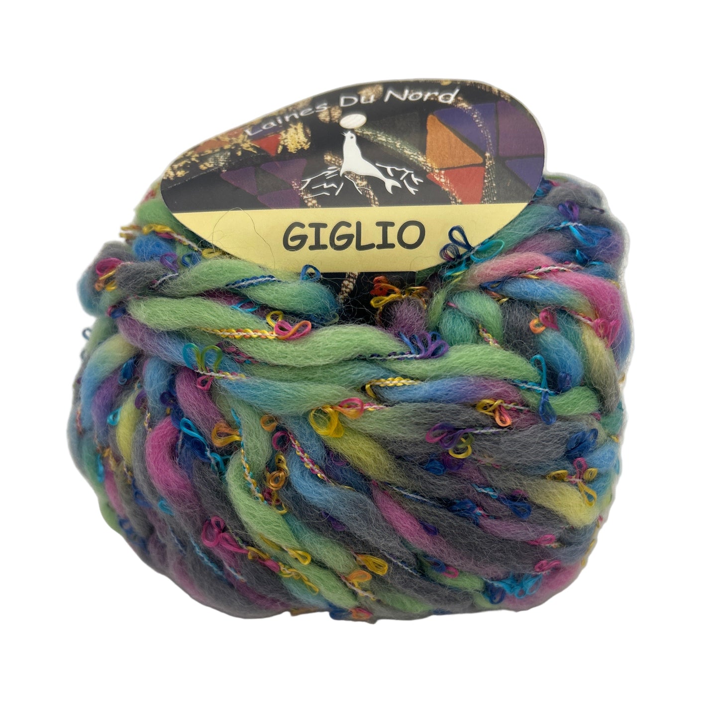 Multicolored skein of yarn with a label on a white background