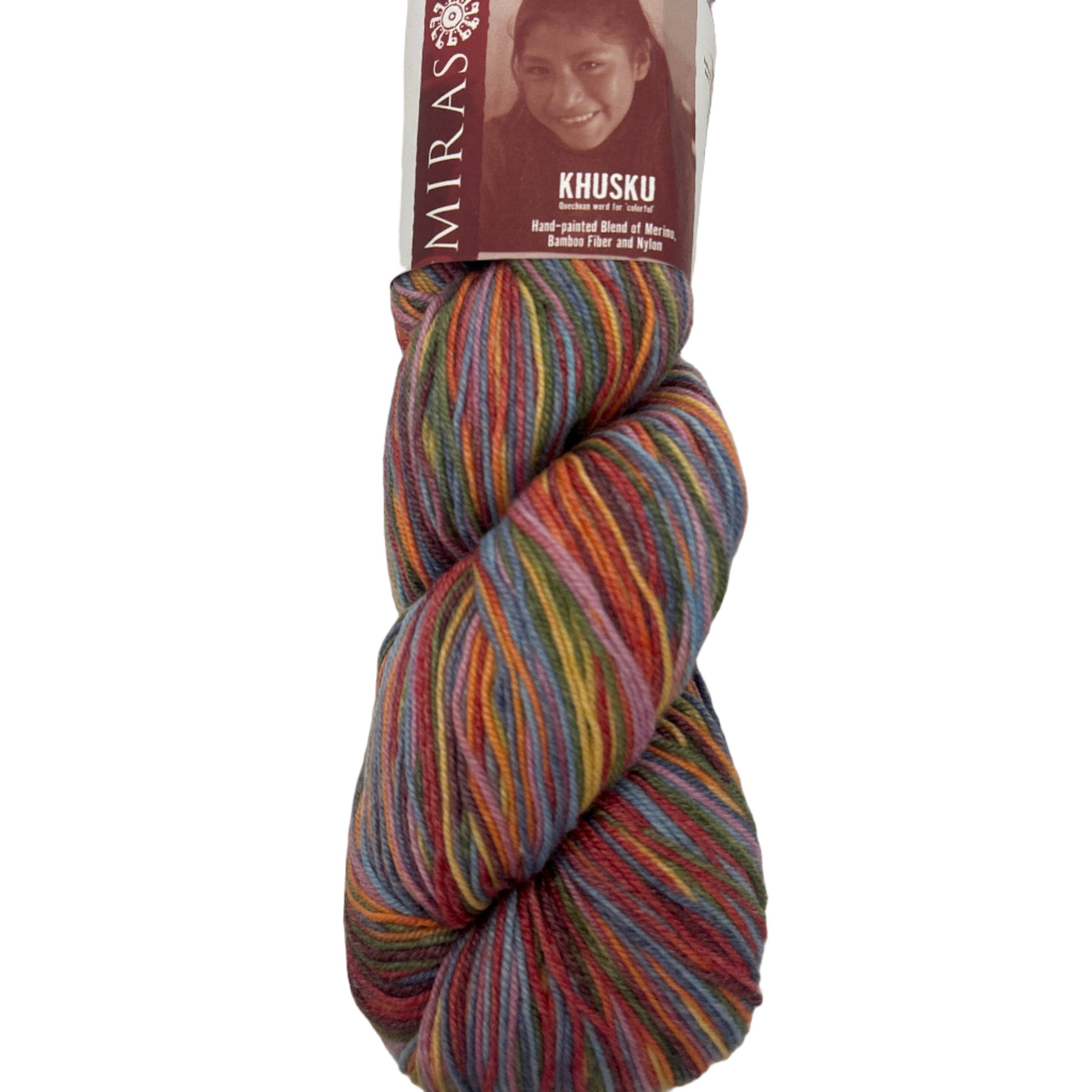Multicolored skein of yarn with a label on a white background