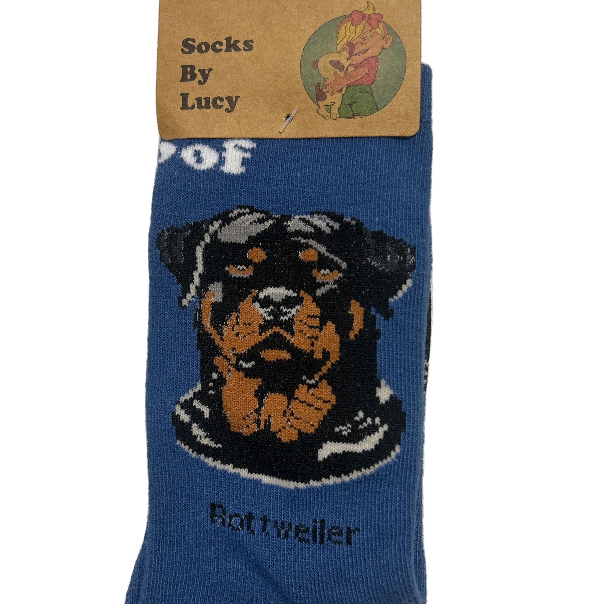 Blue sock with Rottweiler design and 'Socks by Lucy' packaging on a white background