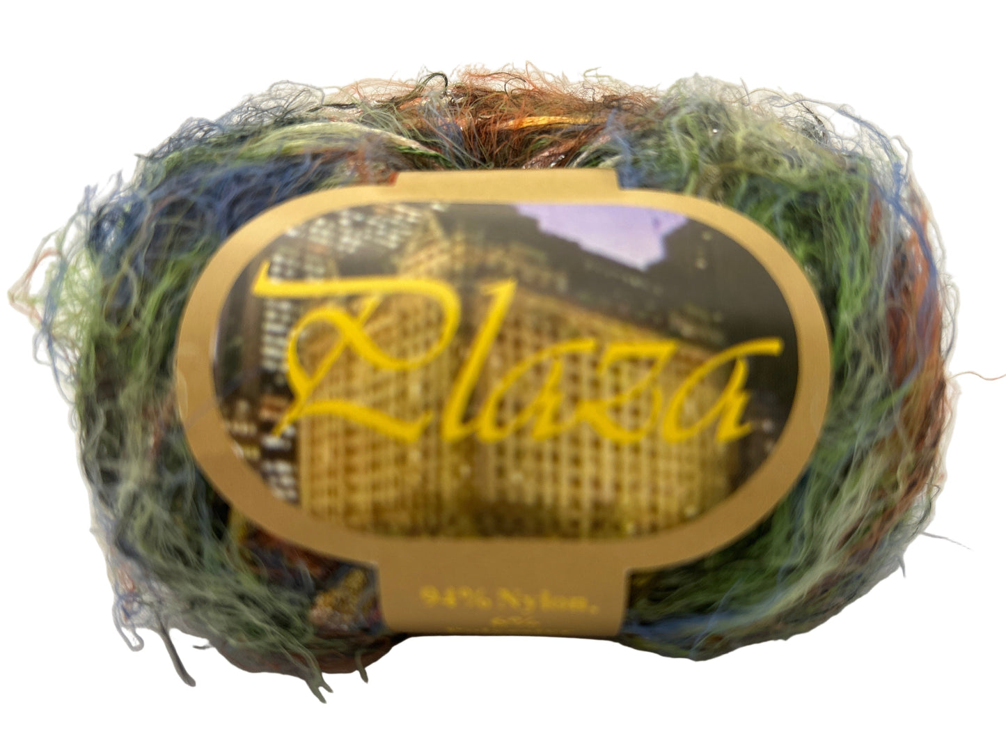 Multicolored yarn ball with a label on a white background