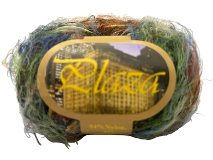 Multicolored yarn ball with a label on a white background