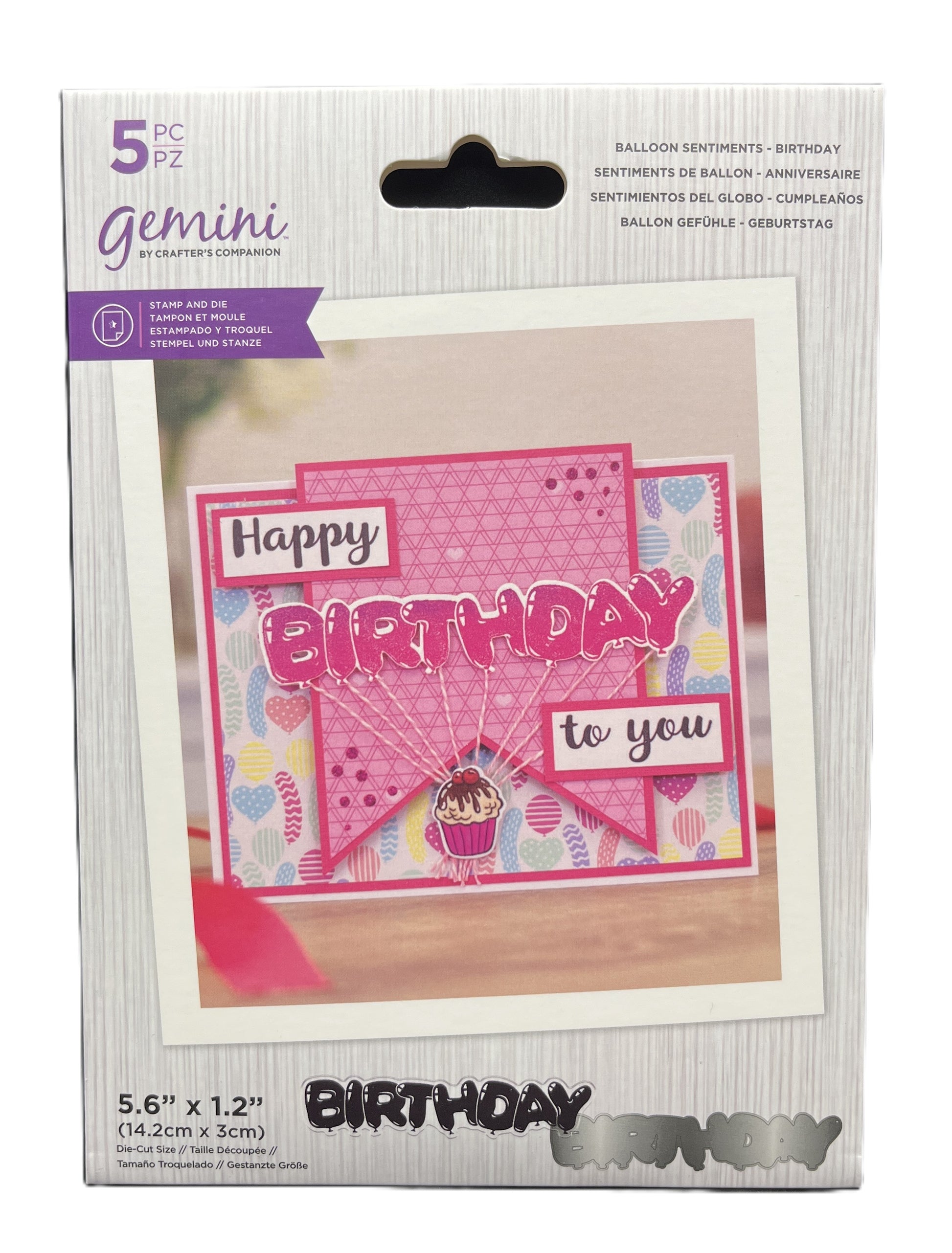 Packaging of Gemini balloon sentiments with a 'Happy Birthday to you' card on a white background