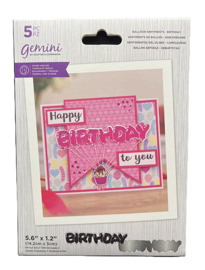 Packaging of Gemini balloon sentiments with a 'Happy Birthday to you' card on a white background
