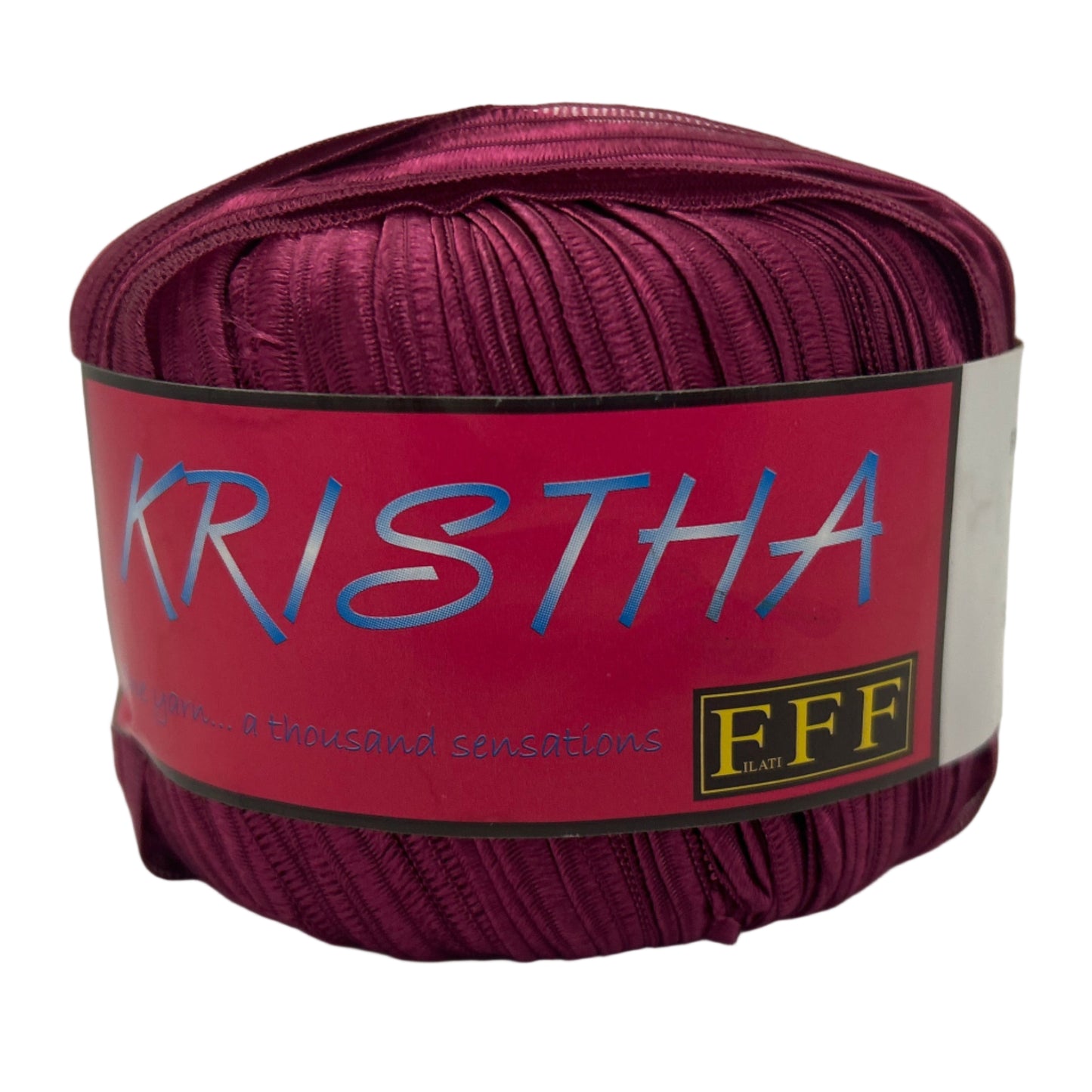 Maroon skein of yarn with 'KRISTHA' branding on a white background