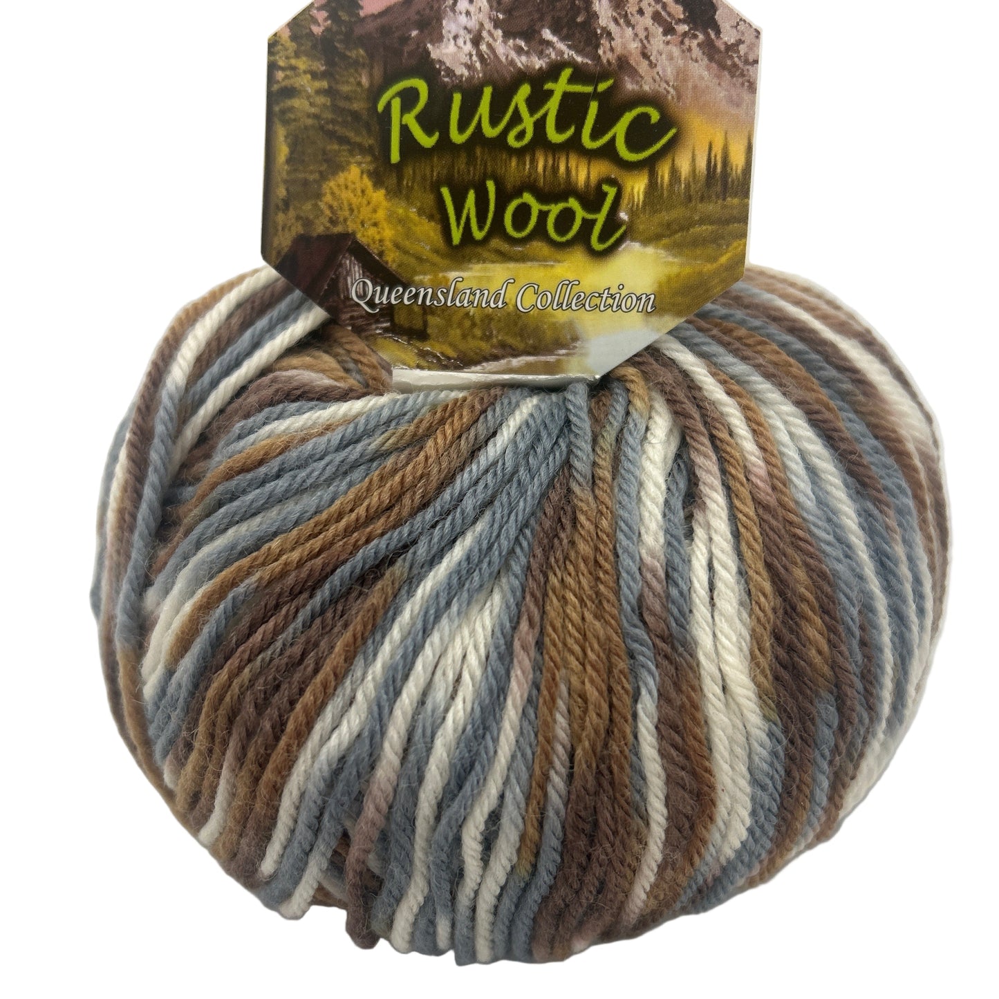 Ball of yarn with 'Rustic Wool' label on a white background