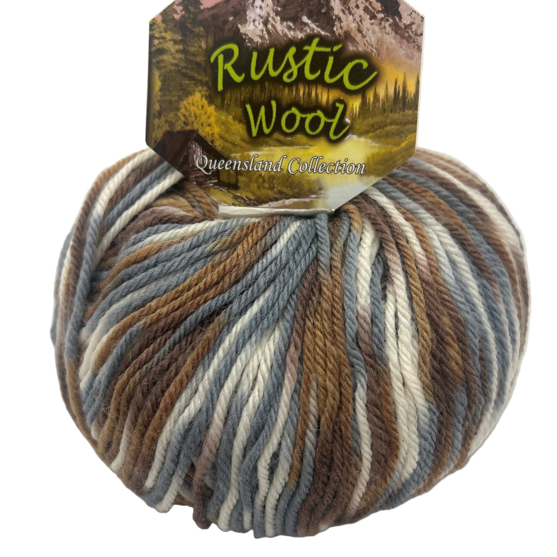Ball of yarn with 'Rustic Wool' label on a white background