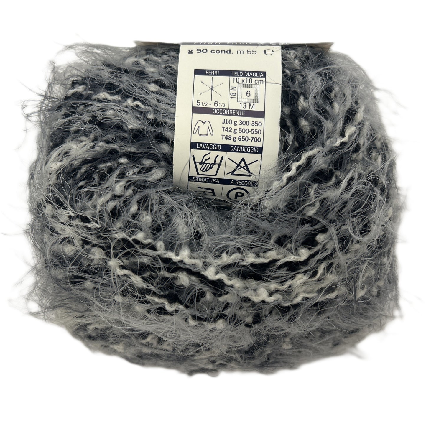 Ball of gray yarn with a label on a white background