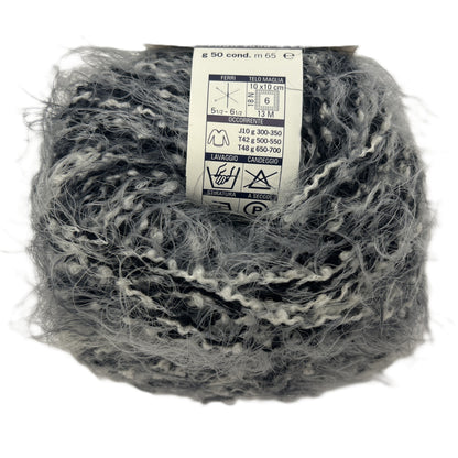 Ball of gray yarn with a label on a white background