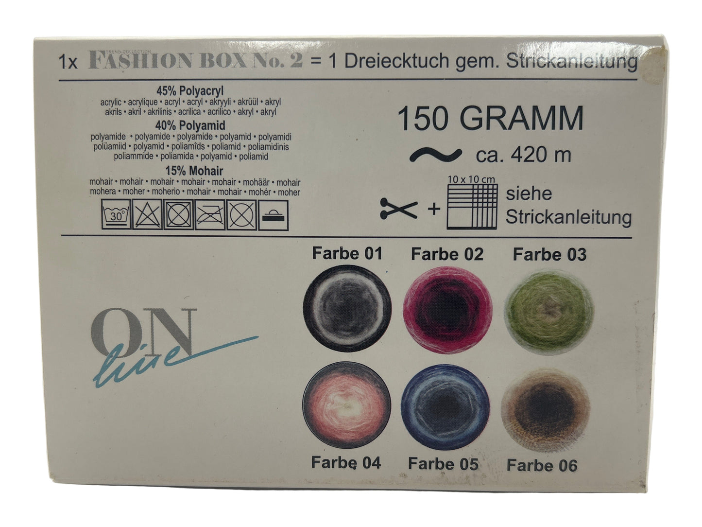 Box of yarn with color swatches and branding on a white background