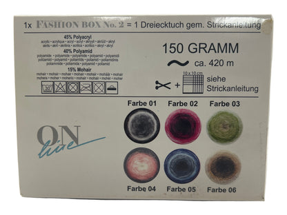 Box of yarn with color swatches and branding on a white background