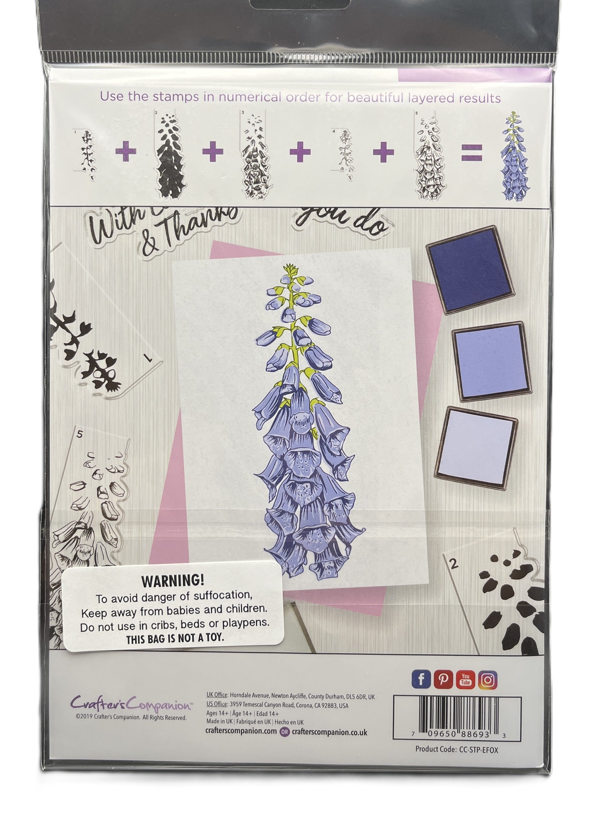 Packaging of a stamp set with floral design and warning label