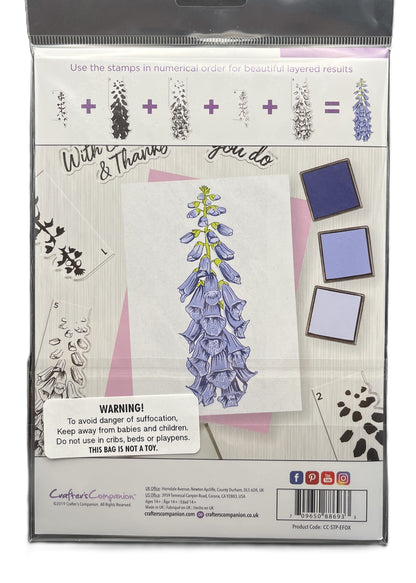 Packaging of a stamp set with floral design and warning label