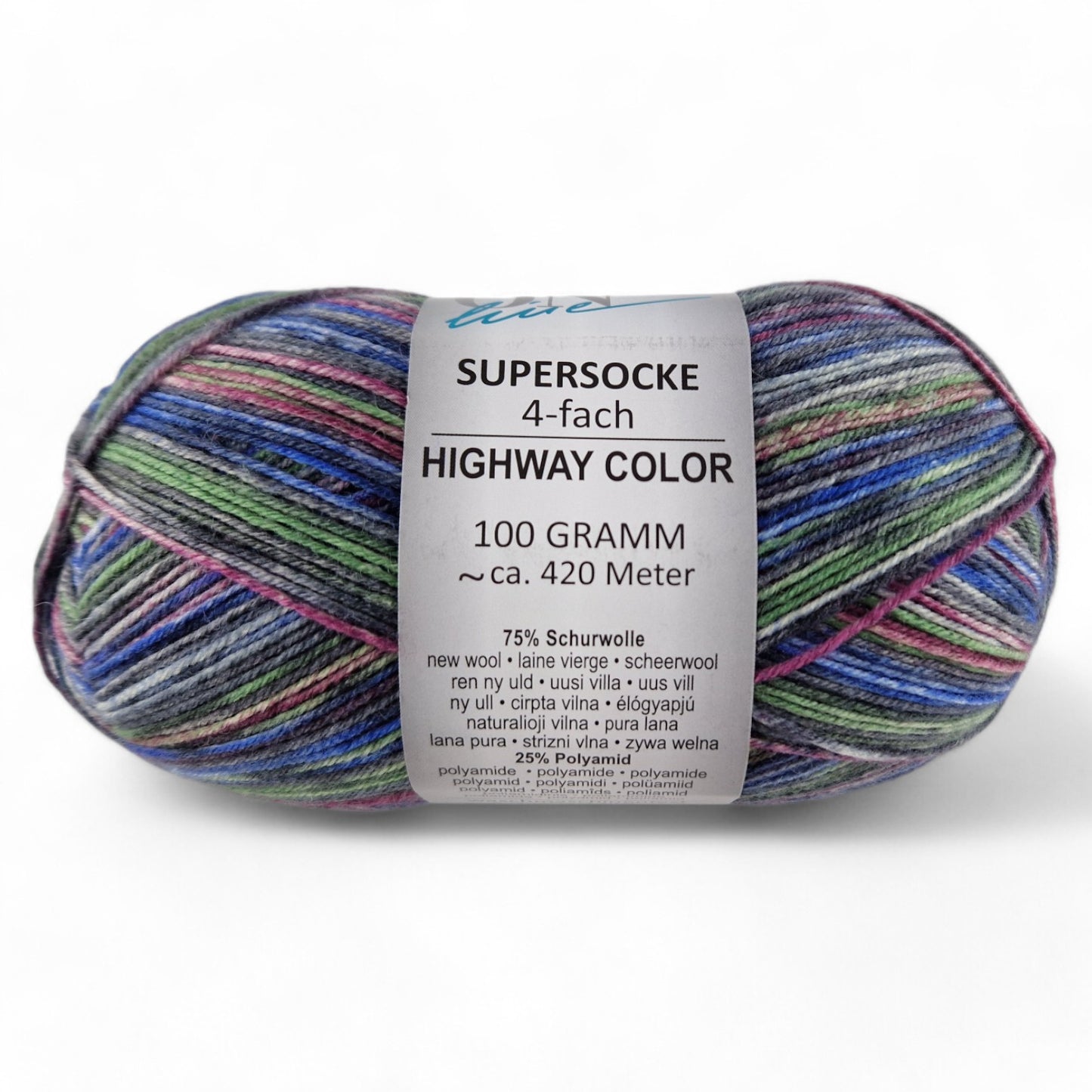 Multicolored skein of yarn with a label on a white background